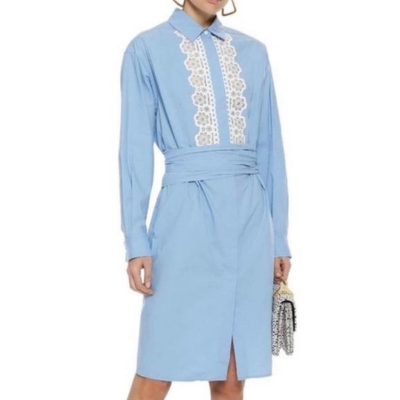 Sandro Paris Blue Cox Poplin Lace Shirt Dress Long Sleeve Button Down 38 M - Picture 1 of 16